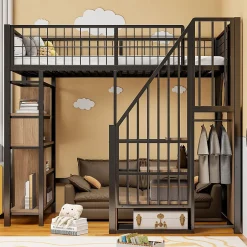 Enfant Redom Lit mezzanine 90x200 cm avec escalier coffre et grand espace sous le lit, structure métal/bois