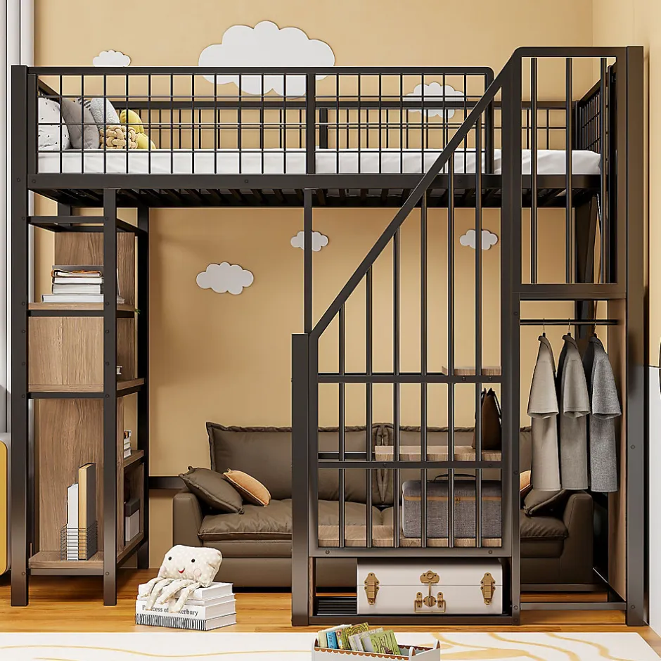Enfant Redom Lit mezzanine 90x200 cm avec escalier coffre et grand espace sous le lit, structure métal/bois