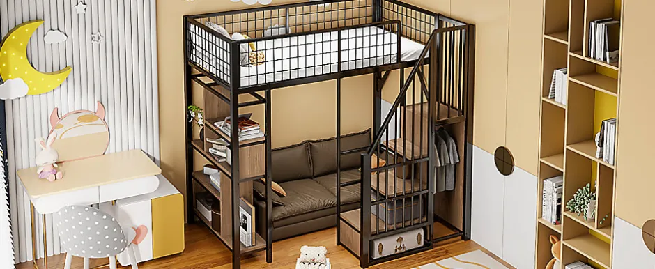 Enfant Redom Lit mezzanine 90x200 cm avec escalier coffre et grand espace sous le lit, structure métal/bois