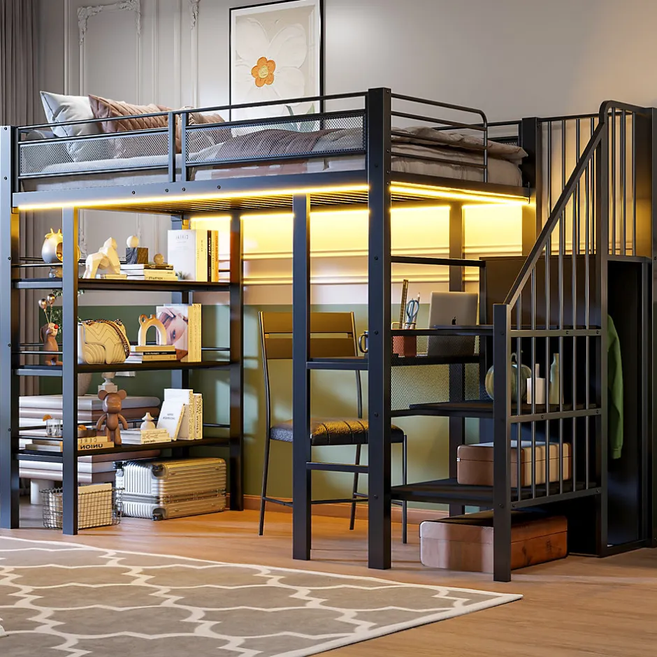 ModernLuxe Lit mezzanine 90x200 cm avec LED et prise électrique - avec compartiments de rangement - avec étagère - noir (matelas non inclus)