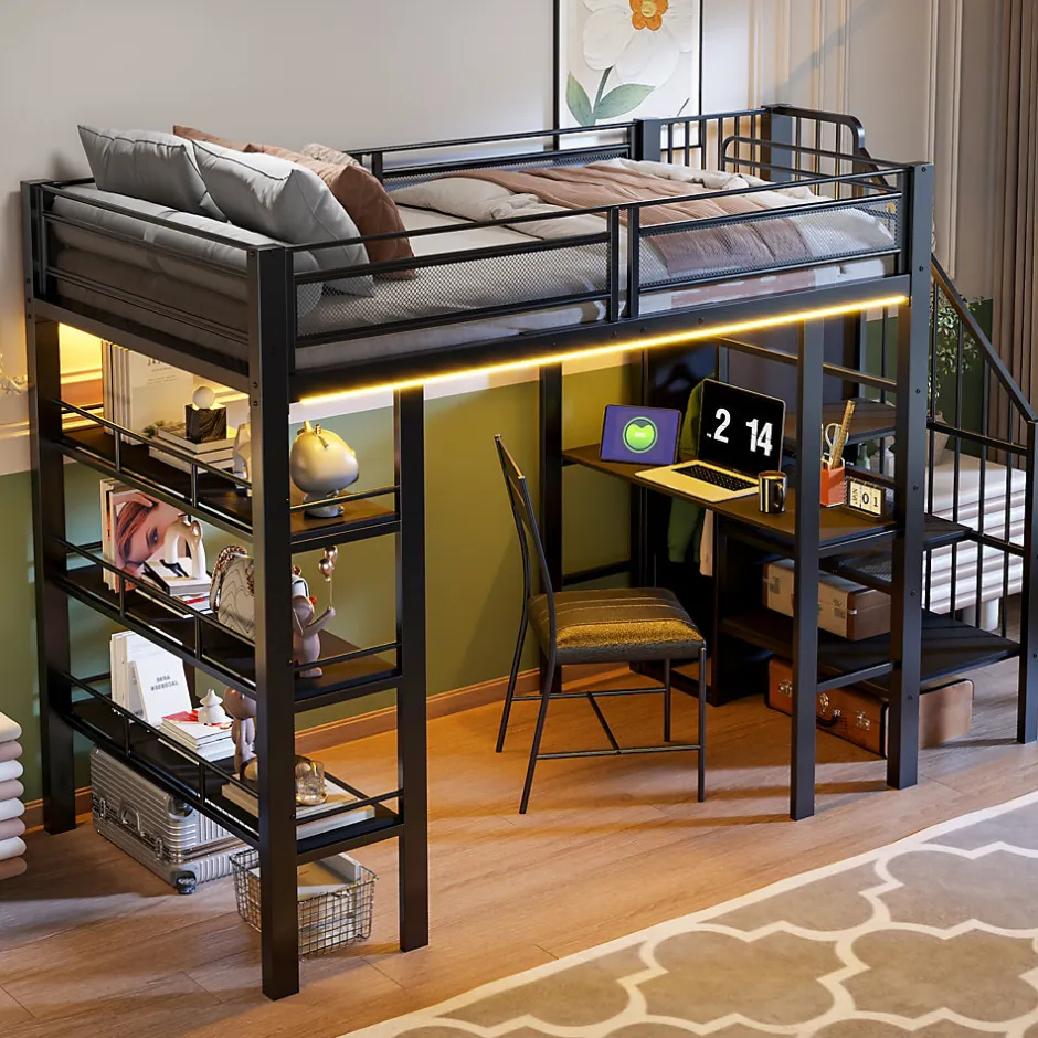 ModernLuxe Lit mezzanine 90x200 cm avec LED et prise électrique - avec compartiments de rangement - avec étagère - noir (matelas non inclus)
