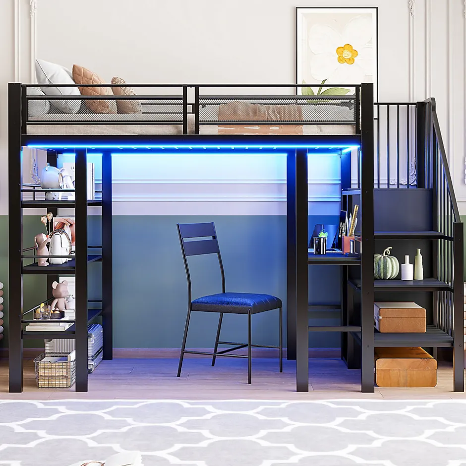 ModernLuxe Lit mezzanine 90x200 cm avec LED et prise électrique - avec compartiments de rangement - avec étagère - noir (matelas non inclus)