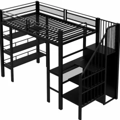 ModernLuxe Lit mezzanine 90x200 cm avec LED et prise électrique - avec compartiments de rangement - avec étagère - noir (matelas non inclus)
