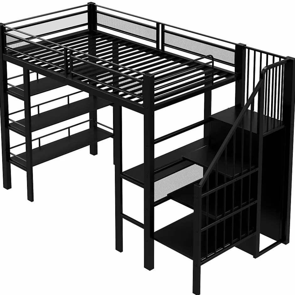 ModernLuxe Lit mezzanine 90x200 cm avec LED et prise électrique - avec compartiments de rangement - avec étagère - noir (matelas non inclus)