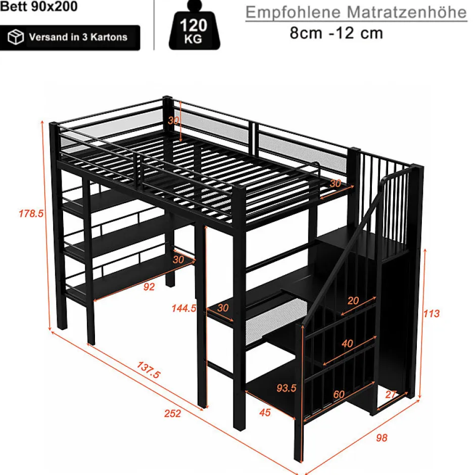ModernLuxe Lit mezzanine 90x200 cm avec LED et prise électrique - avec compartiments de rangement - avec étagère - noir (matelas non inclus)