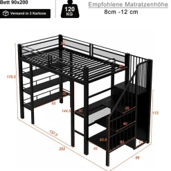 ModernLuxe Lit mezzanine 90x200 cm avec LED et prise électrique - avec compartiments de rangement - avec étagère - noir (matelas non inclus)