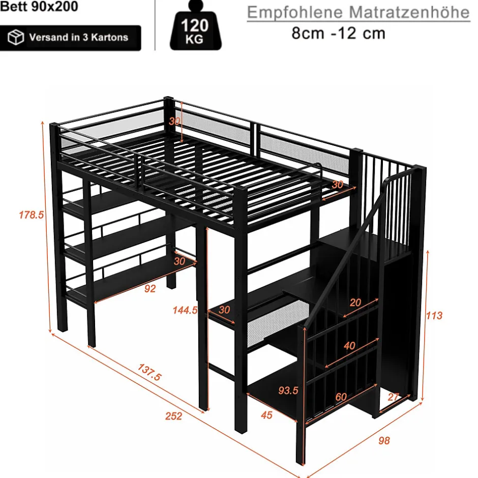 ModernLuxe Lit mezzanine 90x200 cm avec LED et prise électrique - avec compartiments de rangement - avec étagère - noir (matelas non inclus)