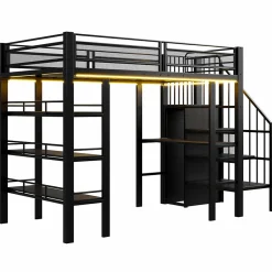 ModernLuxe Lit mezzanine 90x200 cm avec LED et prise électrique - avec compartiments de rangement - avec étagère - noir (matelas non inclus)
