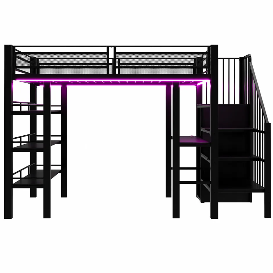 ModernLuxe Lit mezzanine 90x200 cm avec LED et prise électrique - avec compartiments de rangement - avec étagère - noir (matelas non inclus)