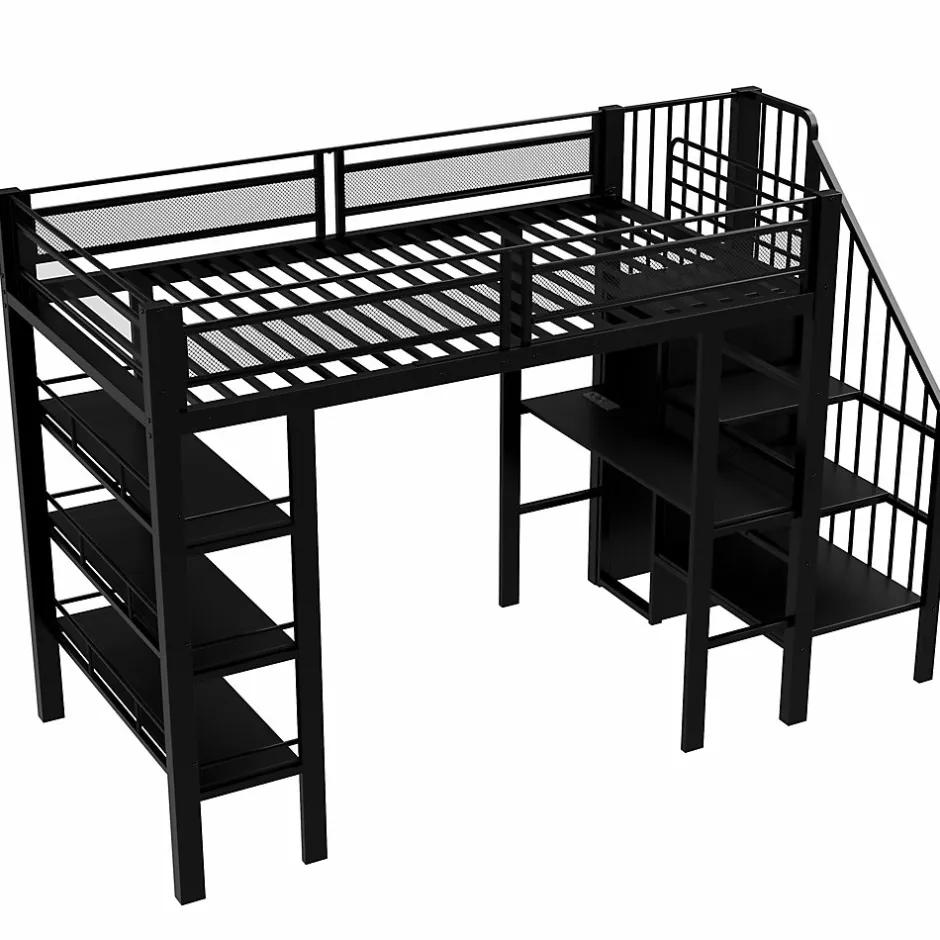 ModernLuxe Lit mezzanine 90x200 cm avec LED et prise électrique - avec compartiments de rangement - avec étagère - noir (matelas non inclus)