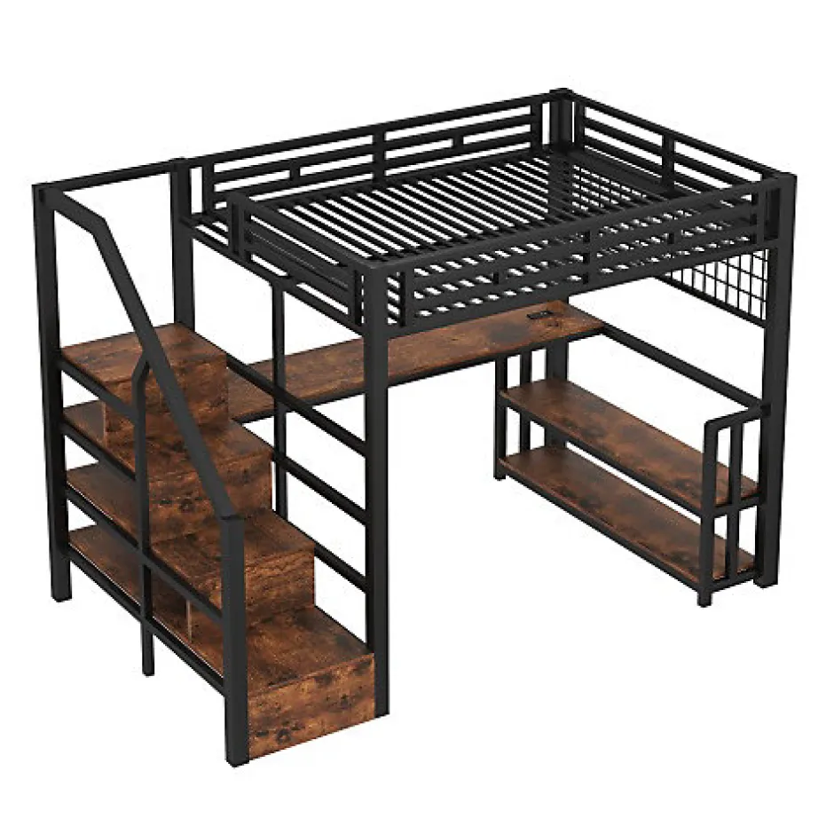 ModernLuxe Lit mezzanine 140x200 cm avec LED - avec penderie et bureau - 2 ports USB + 1 port Type-C - noir (matelas non inclus) Hot