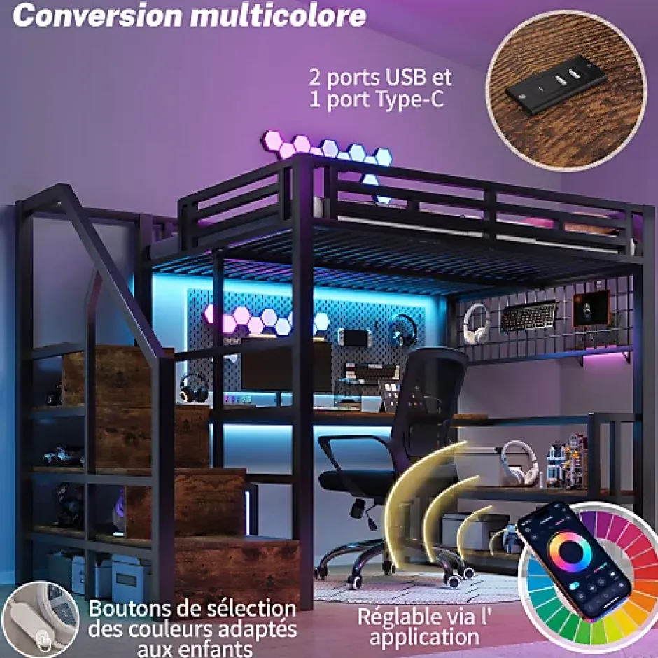 ModernLuxe Lit mezzanine 140x200 cm avec LED - avec penderie et bureau - 2 ports USB + 1 port Type-C - noir (matelas non inclus) Hot