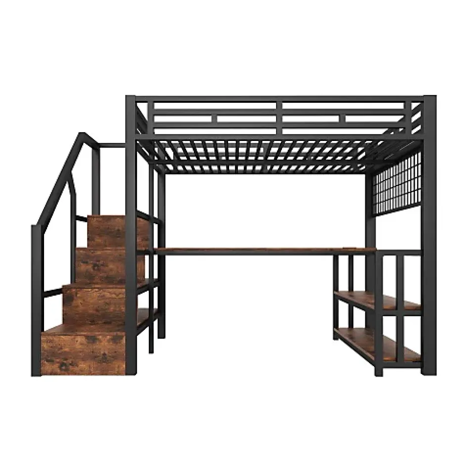 ModernLuxe Lit mezzanine 140x200 cm avec LED - avec penderie et bureau - 2 ports USB + 1 port Type-C - noir (matelas non inclus) Hot