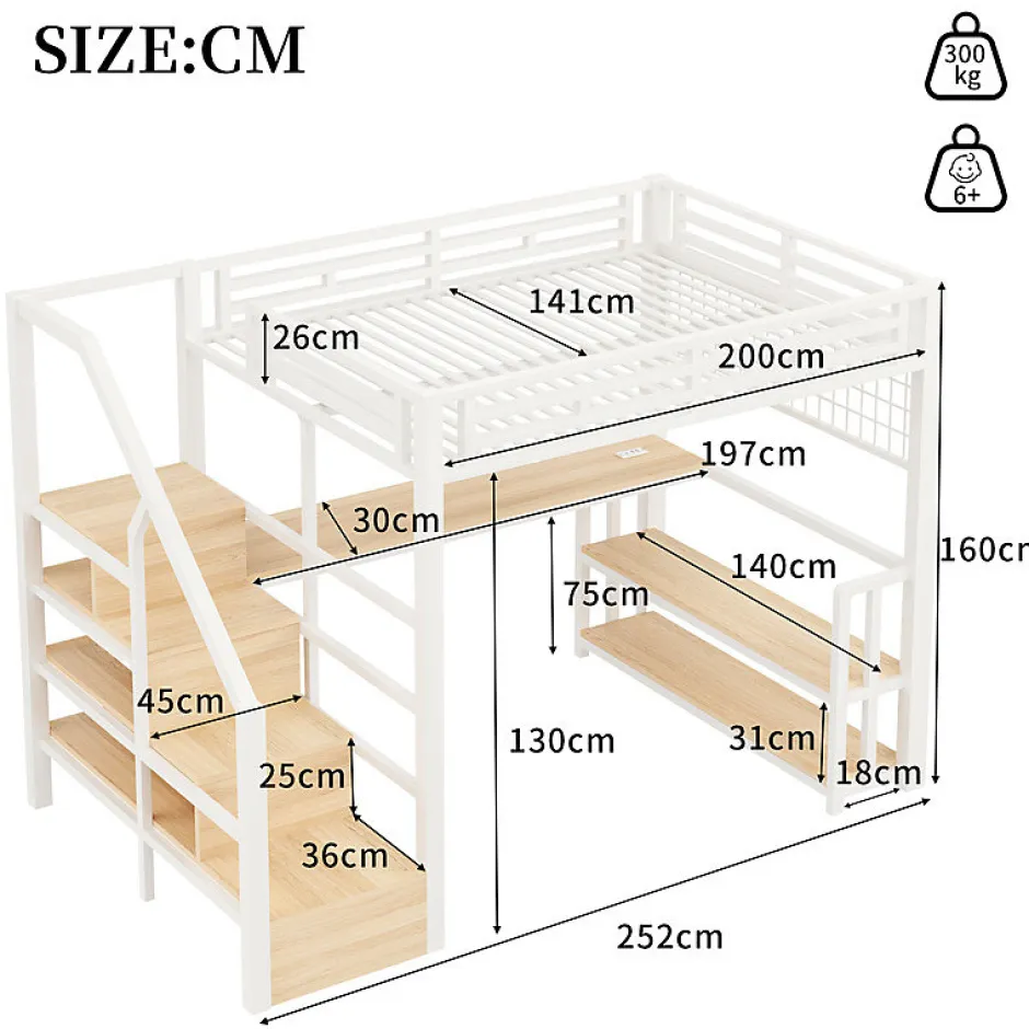 ModernLuxe Lit mezzanine 140x200 cm avec LED - avec penderie et bureau - 2 ports USB + 1 port Type-C - blanc (matelas non inclus) Hot