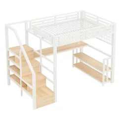 ModernLuxe Lit mezzanine 140x200 cm avec LED - avec penderie et bureau - 2 ports USB + 1 port Type-C - blanc (matelas non inclus) Hot