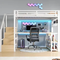 ModernLuxe Lit mezzanine 140x200 cm avec LED - avec penderie et bureau - 2 ports USB + 1 port Type-C - blanc (matelas non inclus) Hot