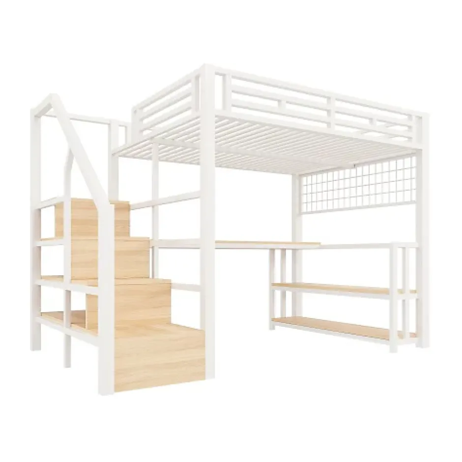 ModernLuxe Lit mezzanine 140x200 cm avec LED - avec penderie et bureau - 2 ports USB + 1 port Type-C - blanc (matelas non inclus) Hot