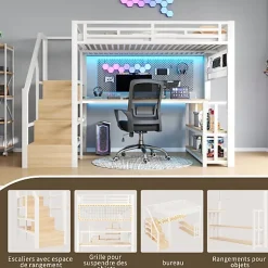 ModernLuxe Lit mezzanine 140x200 cm avec LED - avec penderie et bureau - 2 ports USB + 1 port Type-C - blanc (matelas non inclus) Hot