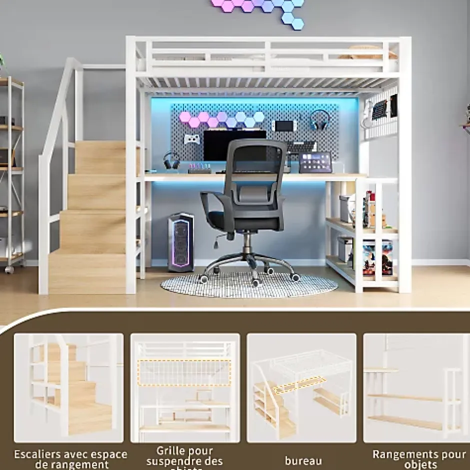 ModernLuxe Lit mezzanine 140x200 cm avec LED - avec penderie et bureau - 2 ports USB + 1 port Type-C - blanc (matelas non inclus) Hot
