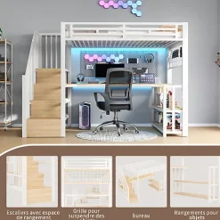ModernLuxe Lit mezzanine 90x200 cm avec LED - avec penderie et bureau - 2 ports USB + 1 port Type-C - blanc (matelas non inclus) Sale
