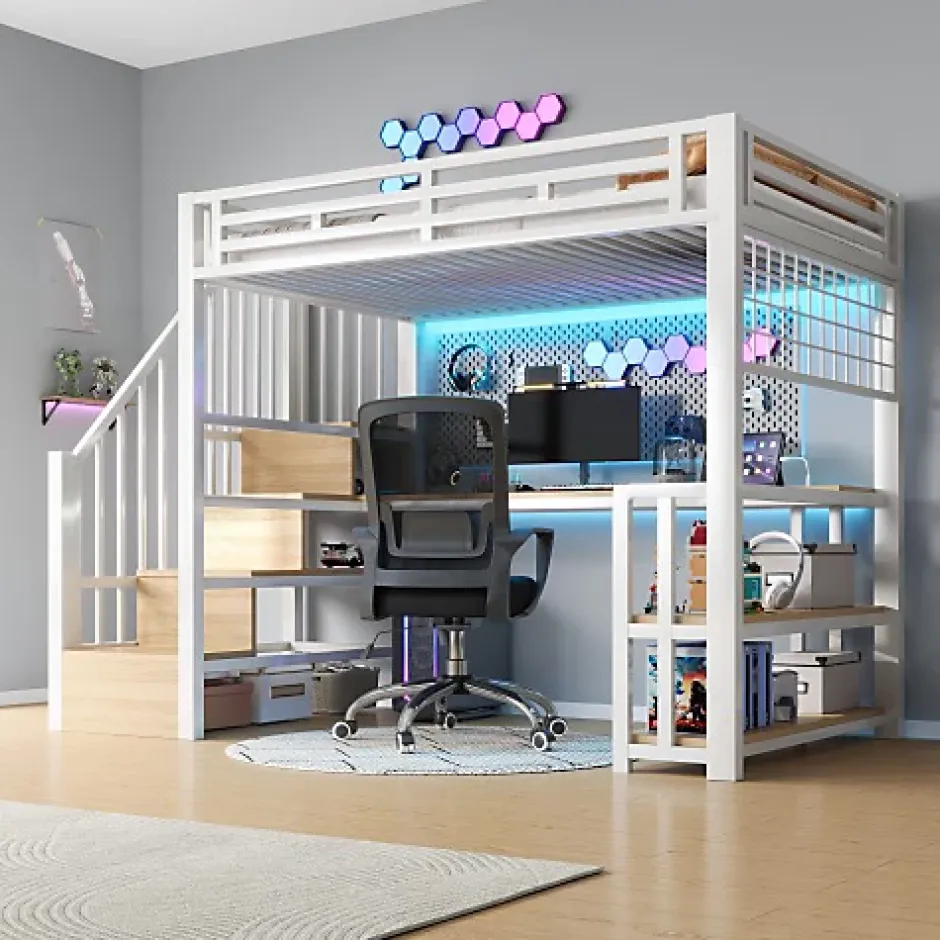 ModernLuxe Lit mezzanine 90x200 cm avec LED - avec penderie et bureau - 2 ports USB + 1 port Type-C - blanc (matelas non inclus) Sale