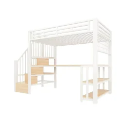 ModernLuxe Lit mezzanine 90x200 cm avec LED - avec penderie et bureau - 2 ports USB + 1 port Type-C - blanc (matelas non inclus) Sale