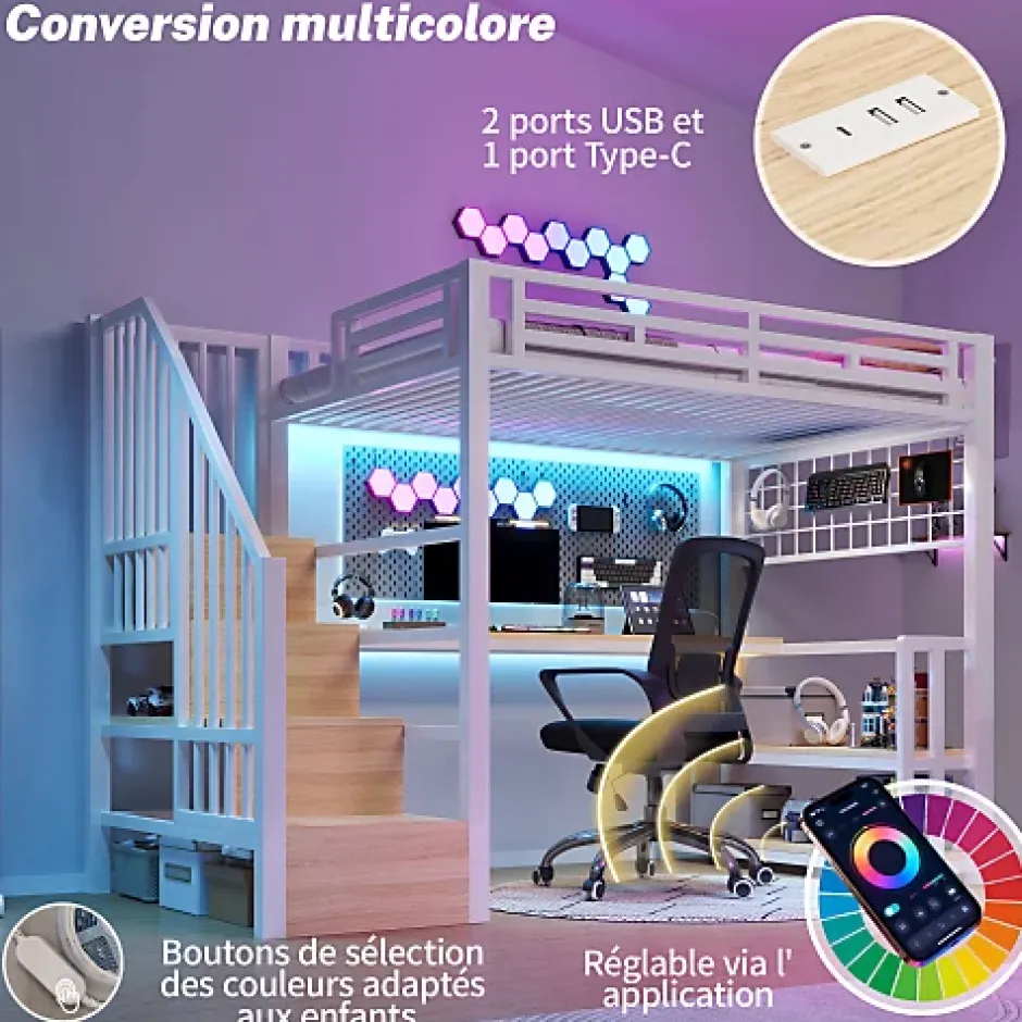 ModernLuxe Lit mezzanine 90x200 cm avec LED - avec penderie et bureau - 2 ports USB + 1 port Type-C - blanc (matelas non inclus) Sale