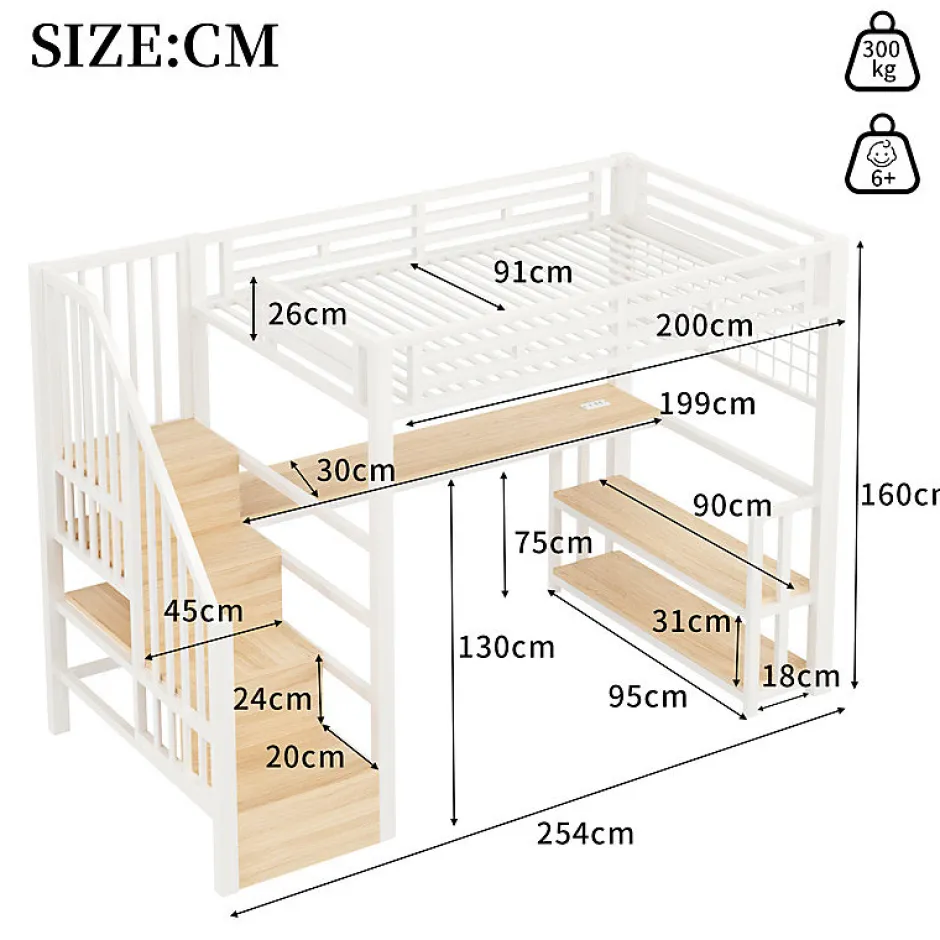 ModernLuxe Lit mezzanine 90x200 cm avec LED - avec penderie et bureau - 2 ports USB + 1 port Type-C - blanc (matelas non inclus) Sale