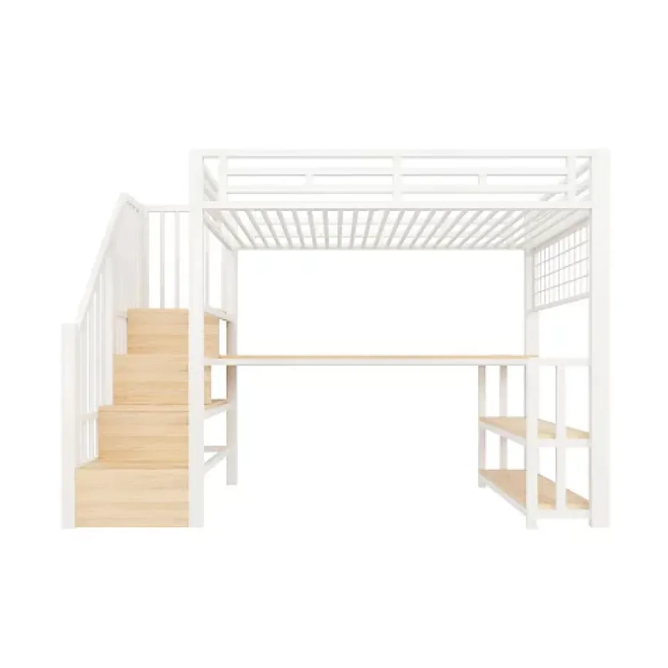 ModernLuxe Lit mezzanine 90x200 cm avec LED - avec penderie et bureau - 2 ports USB + 1 port Type-C - blanc (matelas non inclus) Sale