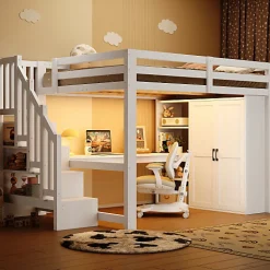 ModernLuxe Lit mezzanine 140x200 cm avec LED - avec bureau et armoire - échelle de rangement - port USB - blanc (sans matelas)