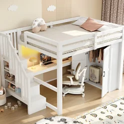 ModernLuxe Lit mezzanine 140x200 cm avec LED - avec bureau et armoire - échelle de rangement - port USB - blanc (sans matelas)