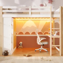 ModernLuxe Lit mezzanine 140x200 cm avec LED - avec armoire - avec étagères et bureau - blanc + naturel (matelas non inclus)