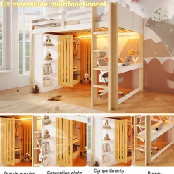 ModernLuxe Lit mezzanine 140x200 cm avec LED - avec armoire - avec étagères et bureau - blanc + naturel (matelas non inclus)