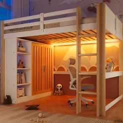 ModernLuxe Lit mezzanine 140x200 cm avec LED - avec armoire - avec étagères et bureau - blanc + naturel (matelas non inclus)