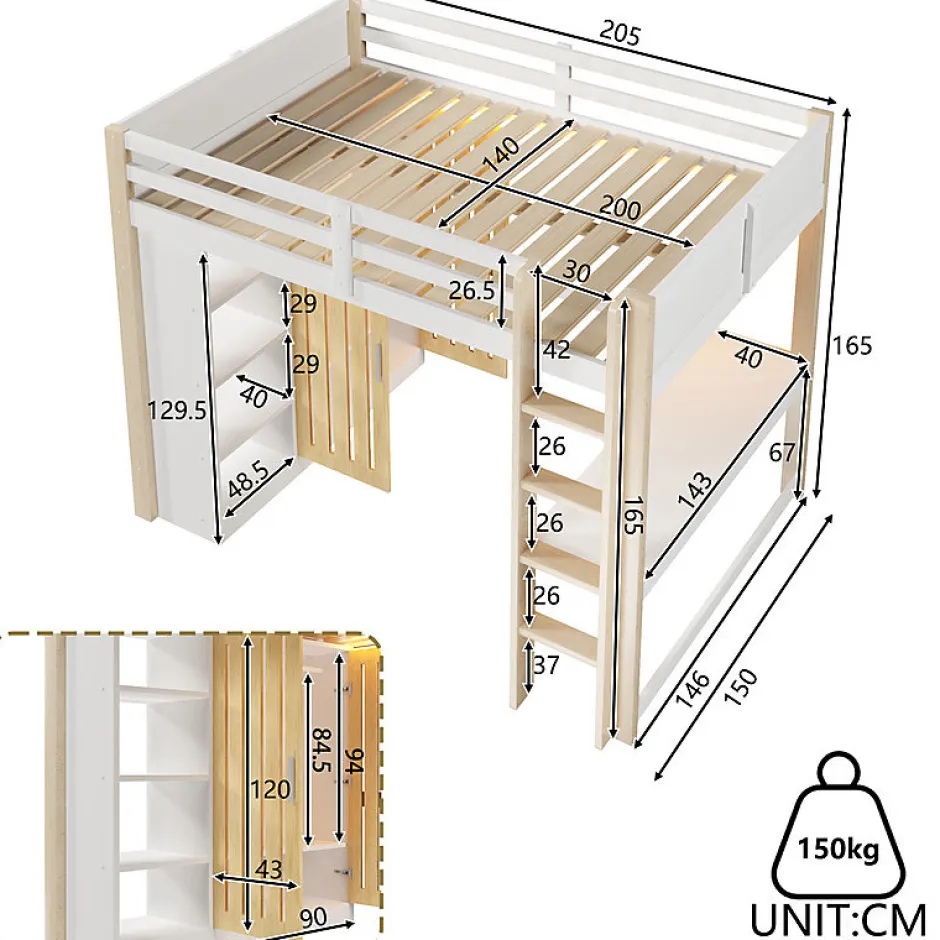 ModernLuxe Lit mezzanine 140x200 cm avec LED - avec armoire - avec étagères et bureau - blanc + naturel (matelas non inclus)