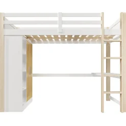 ModernLuxe Lit mezzanine 140x200 cm avec LED - avec armoire - avec étagères et bureau - blanc + naturel (matelas non inclus)