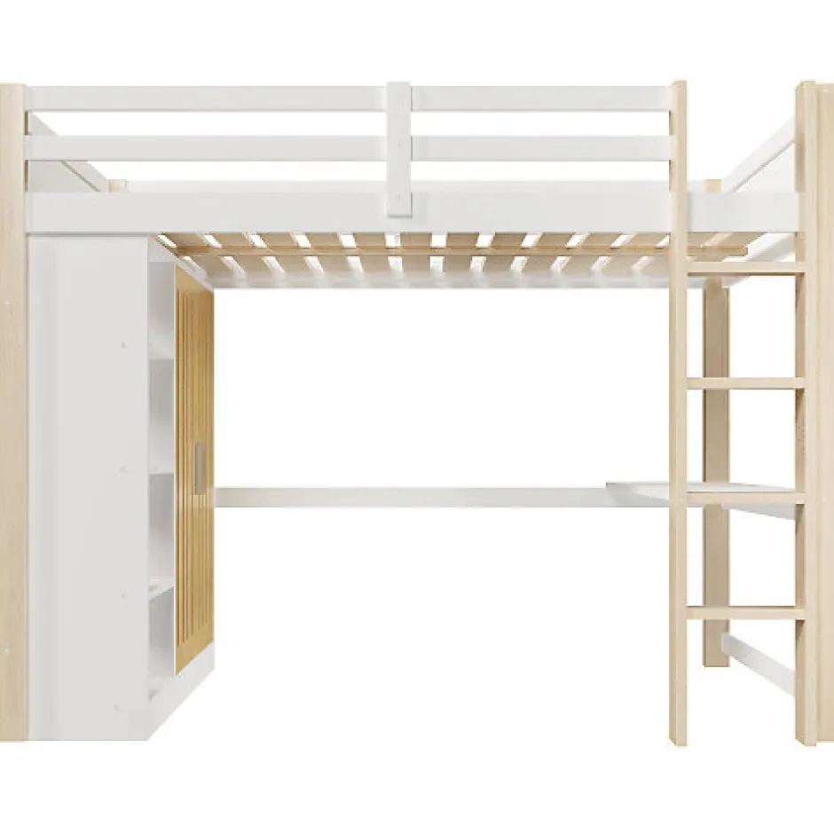 ModernLuxe Lit mezzanine 140x200 cm avec LED - avec armoire - avec étagères et bureau - blanc + naturel (matelas non inclus)