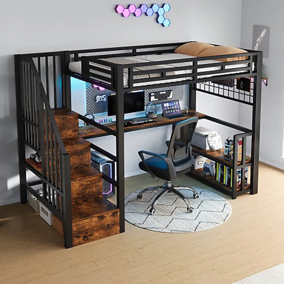 ModernLuxe Lit mezzanine 90x200 cm avec LED - avec penderie et bureau - 2 ports USB + 1 port Type-C - noir (matelas non inclus)