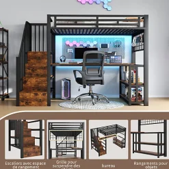 ModernLuxe Lit mezzanine 90x200 cm avec LED - avec penderie et bureau - 2 ports USB + 1 port Type-C - noir (matelas non inclus)
