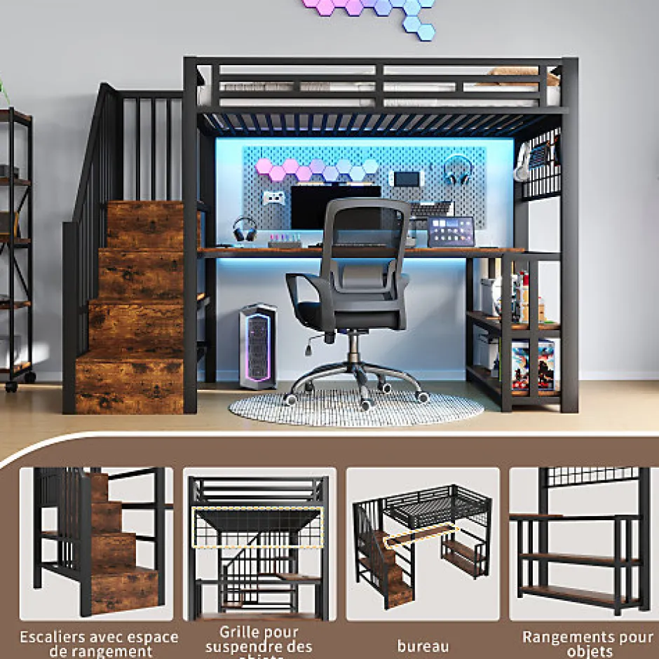 ModernLuxe Lit mezzanine 90x200 cm avec LED - avec penderie et bureau - 2 ports USB + 1 port Type-C - noir (matelas non inclus)