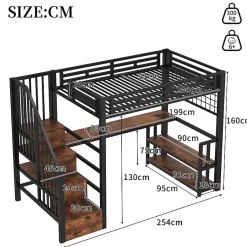 ModernLuxe Lit mezzanine 90x200 cm avec LED - avec penderie et bureau - 2 ports USB + 1 port Type-C - noir (matelas non inclus)