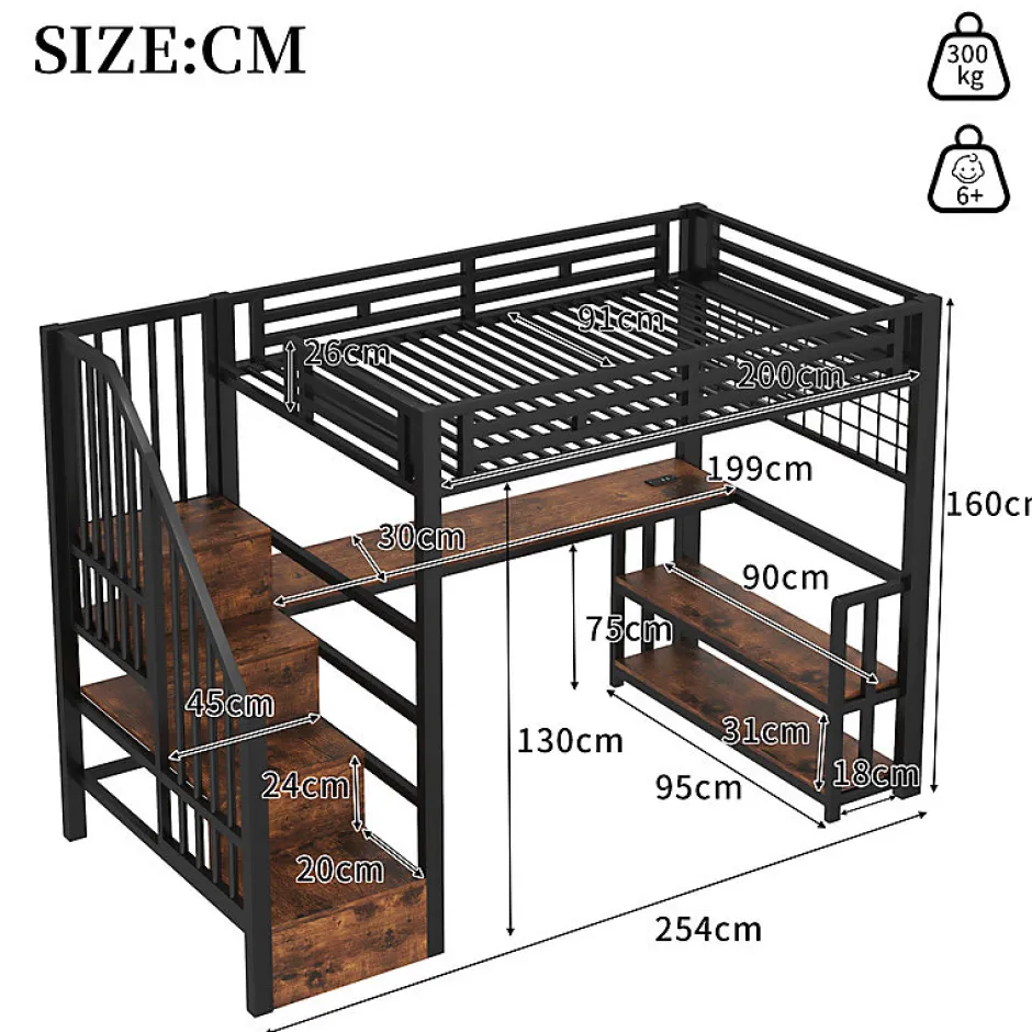 ModernLuxe Lit mezzanine 90x200 cm avec LED - avec penderie et bureau - 2 ports USB + 1 port Type-C - noir (matelas non inclus)