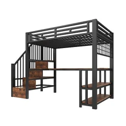 ModernLuxe Lit mezzanine 90x200 cm avec LED - avec penderie et bureau - 2 ports USB + 1 port Type-C - noir (matelas non inclus)