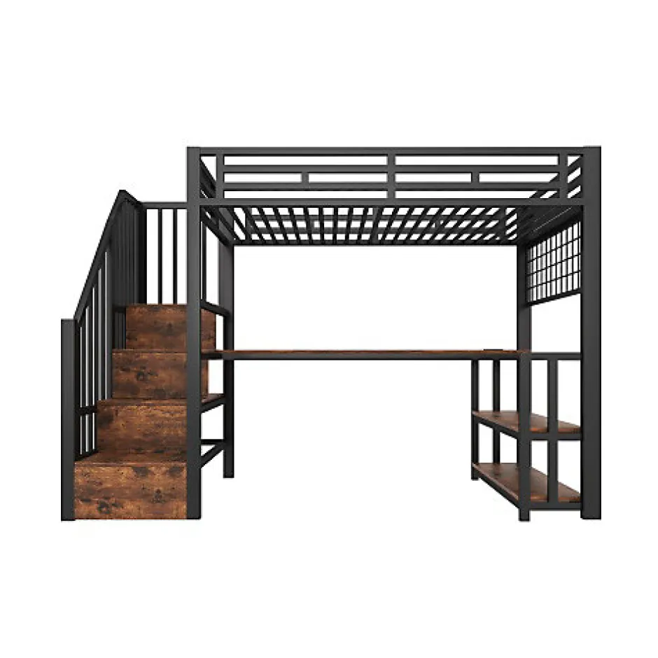 ModernLuxe Lit mezzanine 90x200 cm avec LED - avec penderie et bureau - 2 ports USB + 1 port Type-C - noir (matelas non inclus)
