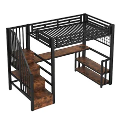 ModernLuxe Lit mezzanine 90x200 cm avec LED - avec penderie et bureau - 2 ports USB + 1 port Type-C - noir (matelas non inclus)