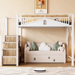 Enfant Redom Lit mezzanine 140x200 cm avec rangement sous marches, garde-corps fenêtre et structure métal/bois