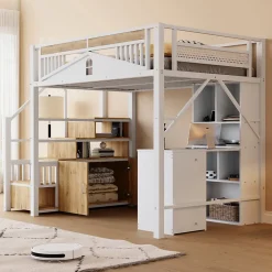 Enfant Redom Lit mezzanine 140x200 cm avec rangement sous marches, garde-corps fenêtre et structure métal/bois