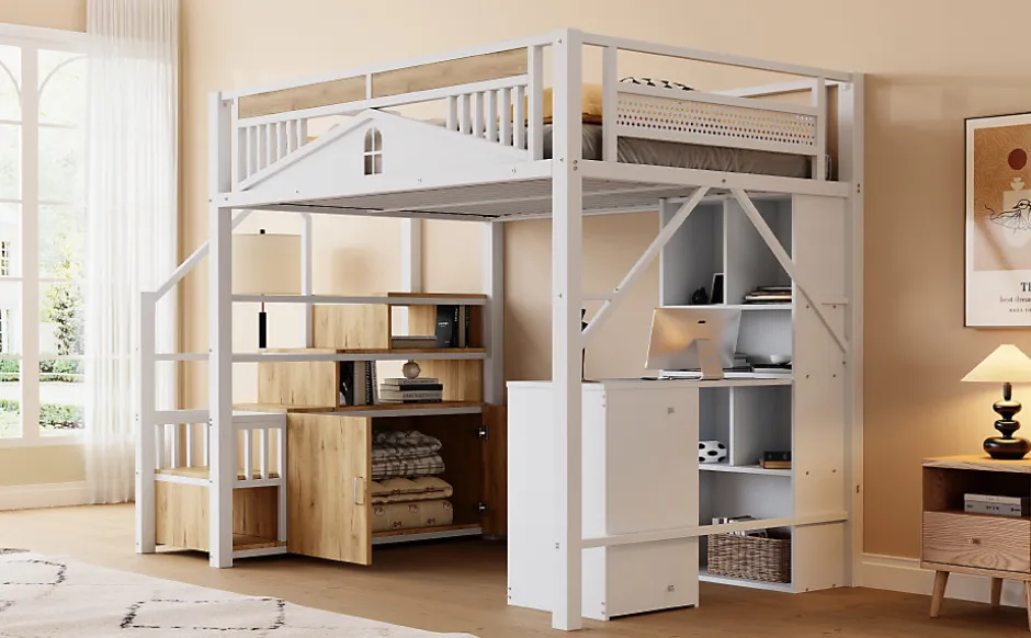 Enfant Redom Lit mezzanine 140x200 cm avec rangement sous marches, garde-corps fenêtre et structure métal/bois