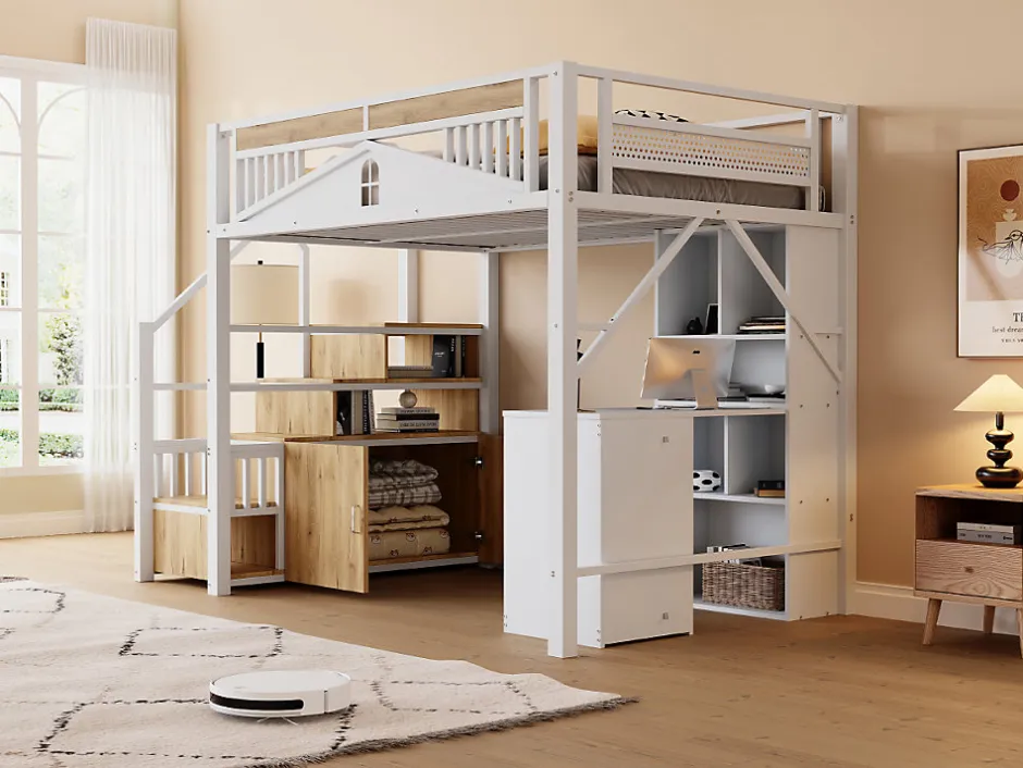 Enfant Redom Lit mezzanine 140x200 cm avec rangement sous marches, garde-corps fenêtre et structure métal/bois