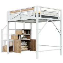 Enfant Redom Lit mezzanine 140x200 cm avec rangement sous marches, garde-corps fenêtre et structure métal/bois
